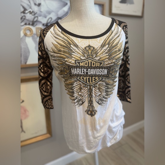 HARLEY DAVIDSON Golden Flight 3/4 Sleeve Sequin Graphic Top - Picture 1 of 8